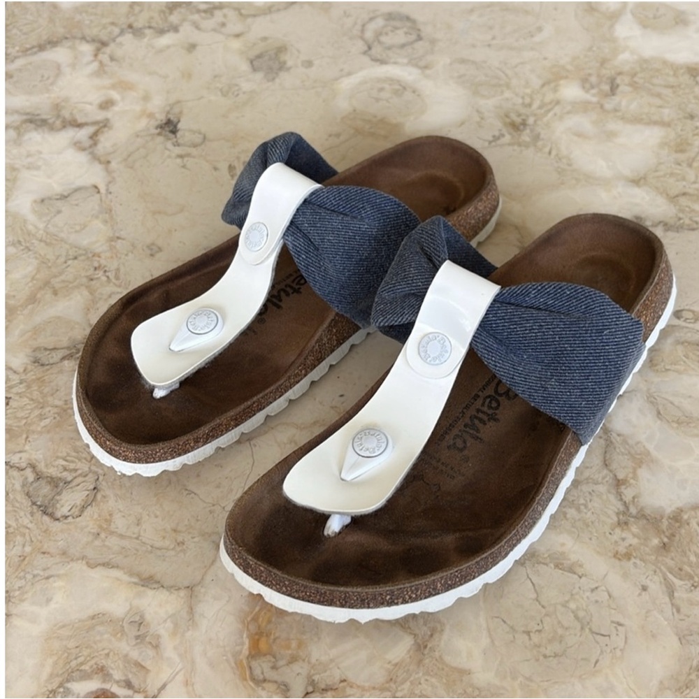 Betula by Birkenstock/Rare Denim Bow White Patent Birko-Flor Thong Sandals